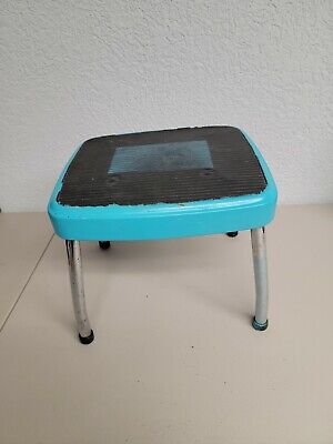 Vntg Stylaire Step Stool teal/bluish 10-1/2" Tall Chrome Legs Plant Stand 2