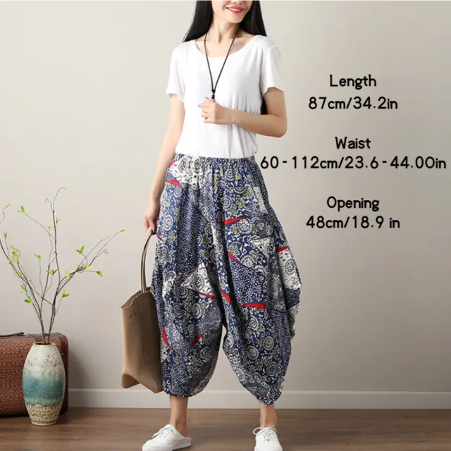 Women Wide Leg Trousers Ethnic Cotton Linen Bloomers Floral Print Baggy Pants 3