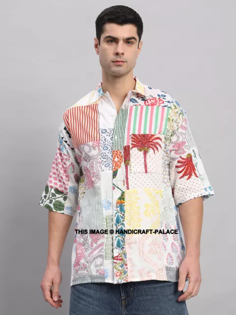 Hombres Extragrande T Camisas Manga Corta Verano Fiesta Playa Patchwork Blanca