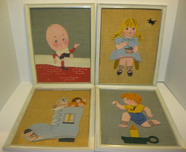 Vintage Nursery Rhyme Wall Decor  4 Piece Felt on Burlap Handmade 13 x 10 in