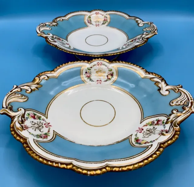 Pair Sevres Antique French Porcelain Celeste Blue Two Handled Bowl Dish Numbered