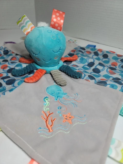 Mary Meyer Taggies 12" Teal Octopus Plush Lovey Security Blanket Ribbed Signatur