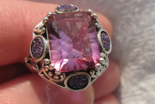 Estate Sterling Silver Pink Magenta Fire Mystic Topaz & Druzy Quartz Ring Size 5