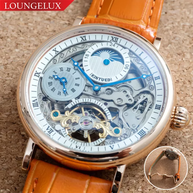 Mens Rose Gold Dual Time Skeleton Automatic Mechanical Watch Orange Leather