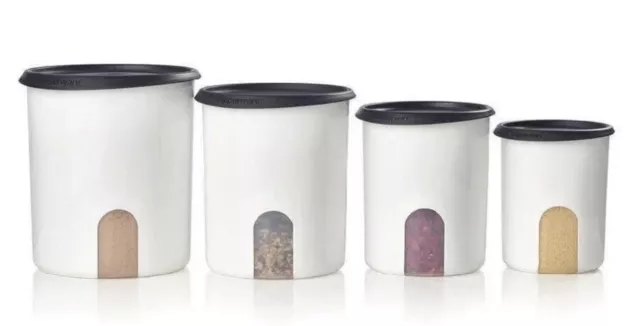 NEW Tupperware One Touch Reminder Canister Set Of 4 Black Seals Lids