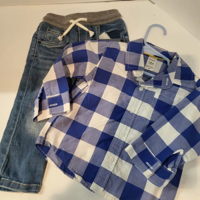 Carters Baby/Toddler Boys Jeans & Plaided Shirt Size 18 Months Blue /Brown