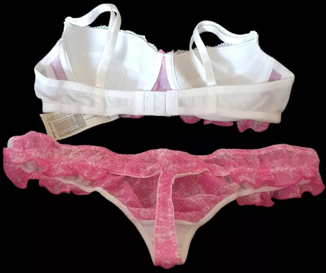 BNWT/KNICKERBOX/Ladies/Womens Pink & White Bra & Thong Set - Size: 34B & 14 2