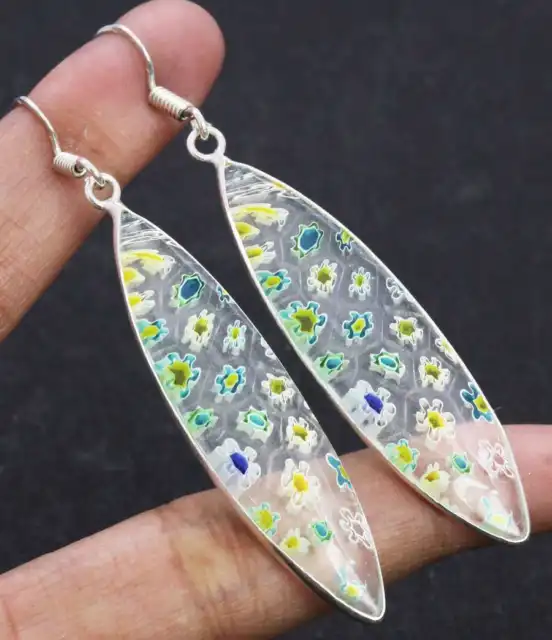 Dichroic Glass 925 Silver Plated Handmade Earrings of 2.5" Ethnic Gift