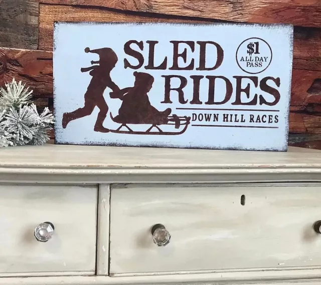 Rustic Christmas Decor / Primitive Winter Sign / Sled Rides / Old Fashioned Sign