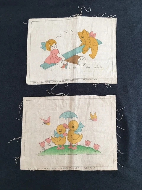 Juego de 2 De Colección Bordado de Lino Puro Cuadro Viverso Sierra Vogart Niña Oso Pato