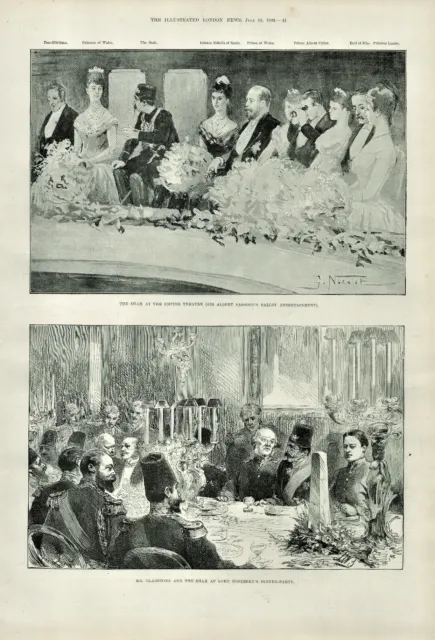 Antique Illustrated Print Shah At Empire Theatre & Rosebery Dinner Party 1889