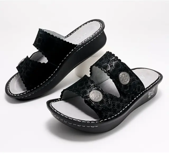 Alegria Sandra Adjustable Strap Slide Sandals Black Leather Womens Size 6-6.5