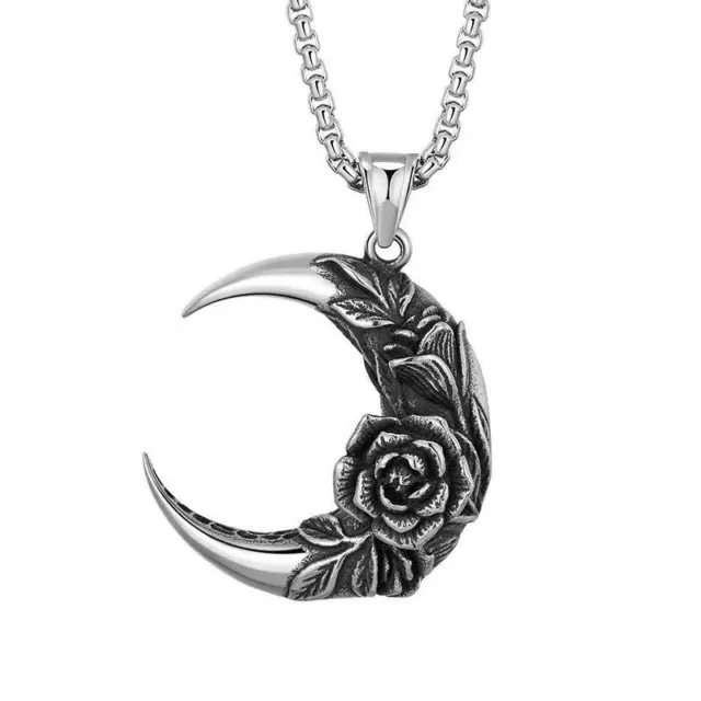 Mens Retro Moon Petal Pendant for 24" Stainless steel Link Chain Necklace womens