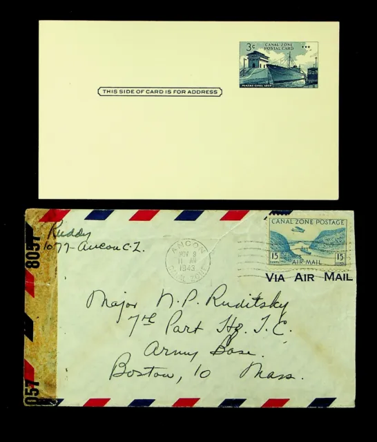 SEPHIL PANAMA CANAL ZONE 1943 WWII 2v AIRMAIL CENSOR COVER+PS CARD UNUSED TO USA