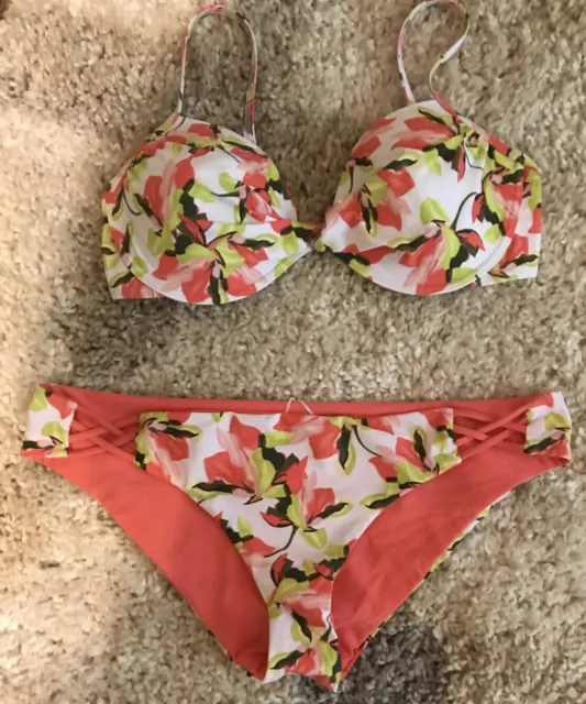 NWOT Lands' End Floral 2 PC Bikini Swim Suit sz 36c/38b Top LARGE Bottom Coral