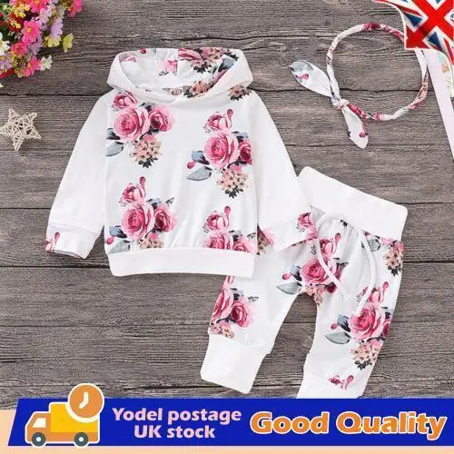 Kids Baby Girls Hooded Sports Outfits Tops Pants Headband Tracksuit Set Clothes
