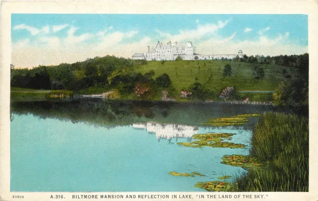 North Carolina, NC, Asheville, Biltmore Mansion & Lake 1920's Postcard