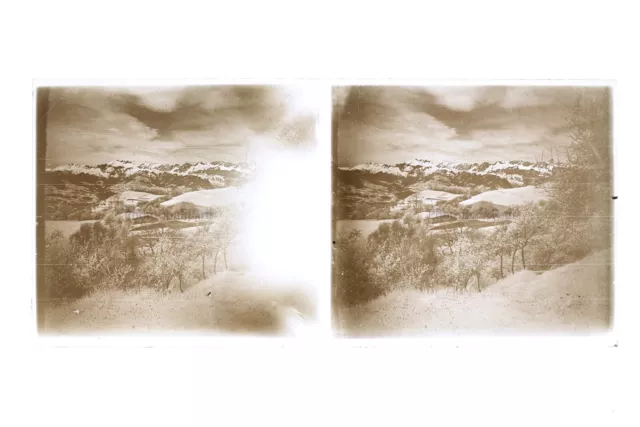 France Montagnes Neige Photo Stereo Plaque de verre Th4n30 Vintage