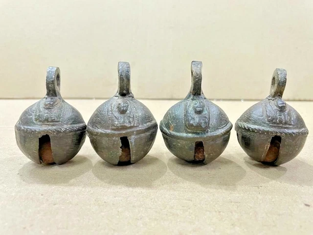 Old Vintage Handcrafted Brass Hindu Religious God Engraved 4 Pc Round Cow Bells