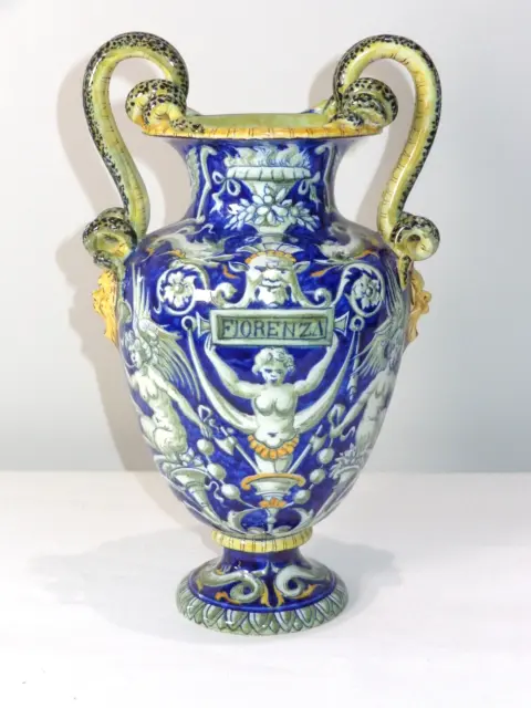 Antique Italian Art Pottery Majolica Serpent Handled Renaissance Vase 10"