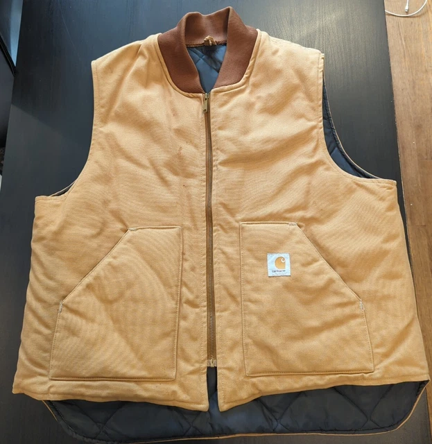VTG Carhartt USA MADE Canvas Work Vest Mens XXL Tan W/ Blue Quilted Interior