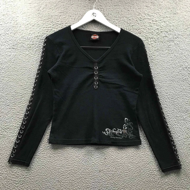 Vintage Harley Davidson T-Shirt Women Medium Long Sleeve Crew Neck Graphic Black