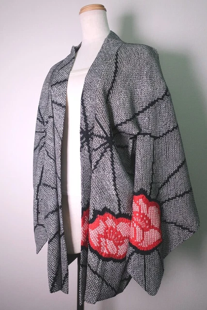 8633H2 Silk Vintage Japanese Kimono Haori Jacket Full Shibori Peony Spiderweb