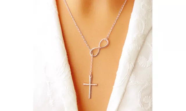 Women's Italian Solid Sterling Silver Infinity Cross Lariat Necklace