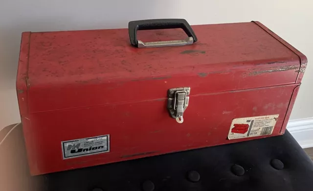 Vintage Tool Box Union Steel Chest Corp Tool Box Red Metal Industrial Flat Top