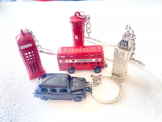 5 x  BRITISH MINIATURE LONDON KEY RING TAXI,BUS  DIECAST METAL KEYCHAIN SOUVENIR