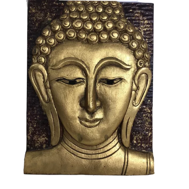 Buddha Head Decorative Wall Plaque Golden Face 3D Carving Rectangle Wood