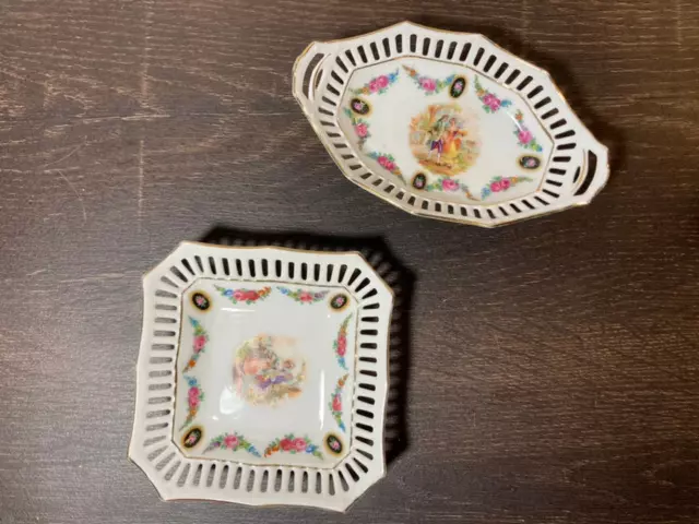 Lot Of 2 Lovely Small Vintage German Porcelain Oval Gilt Tray Victorian Scene