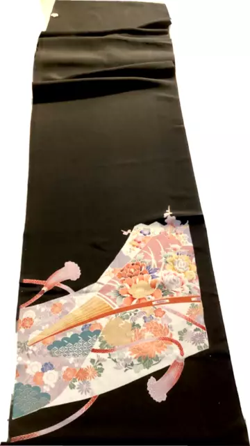 Vintage Japanese Kimono Silk Fabric, Black Tomesode Ribbons Long Panel, 170cm