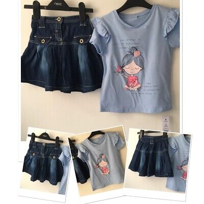 Next Girls Denim Style Skirt Exc Used & New George Pretty Puff Sleeve Top 4-5 Y