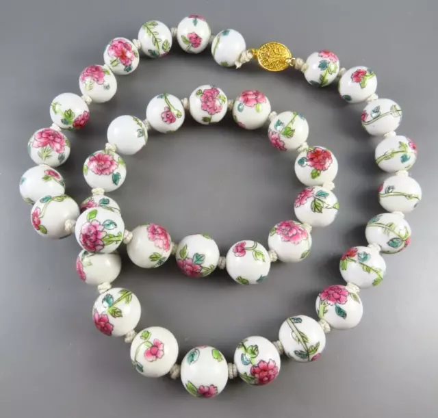 VTG Beaded Necklace HAND PAINTED PORCELAIN Chinese WHITE/PINK/GREEN Flowers