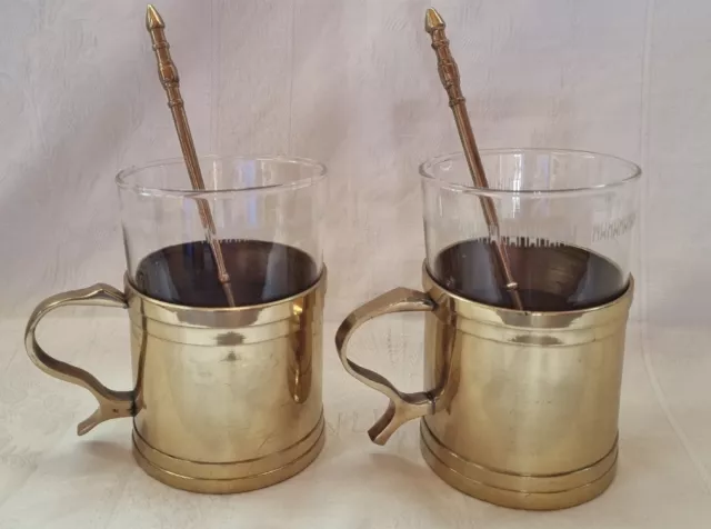 Teegläser 2er Set Messing-Halter Löffel Grog Punsch Teetassen SCHOTT Mainz