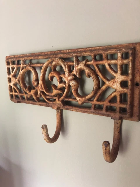 vtg antique Cast Iron mcm rustic 2 Hook Wall dog leash Coat key Rack Hat Hanger