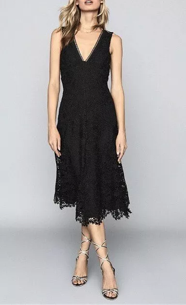 £245 • REISS • Black Barbara Lace Midi Dress Size 6 UK. BNWT. #BD