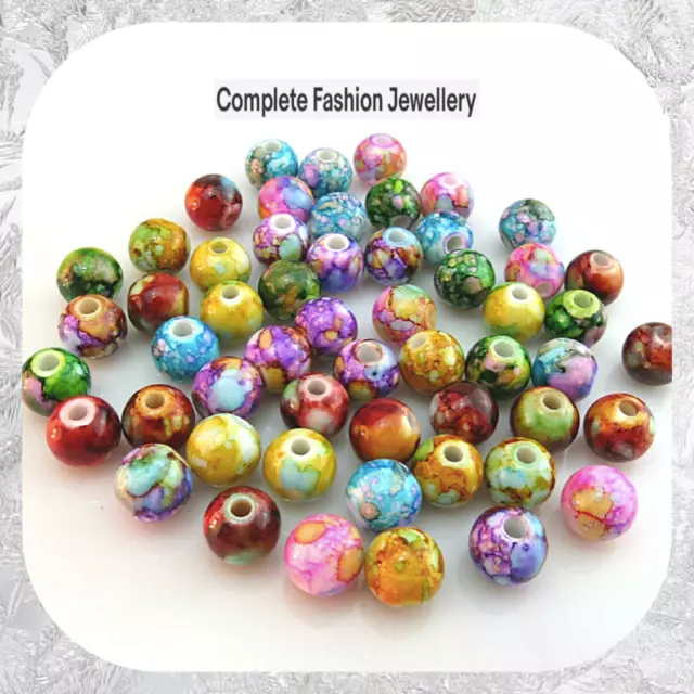 50Pcs 10Mm Flower Painted Acrylic Round Beads For Jewellery Making