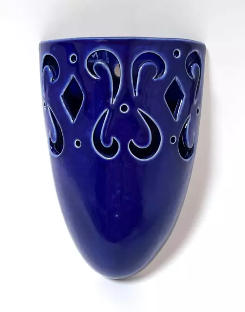 Australian Studio Pottery Wall Pocket Vase Blue Glaze Pierced Design Signed