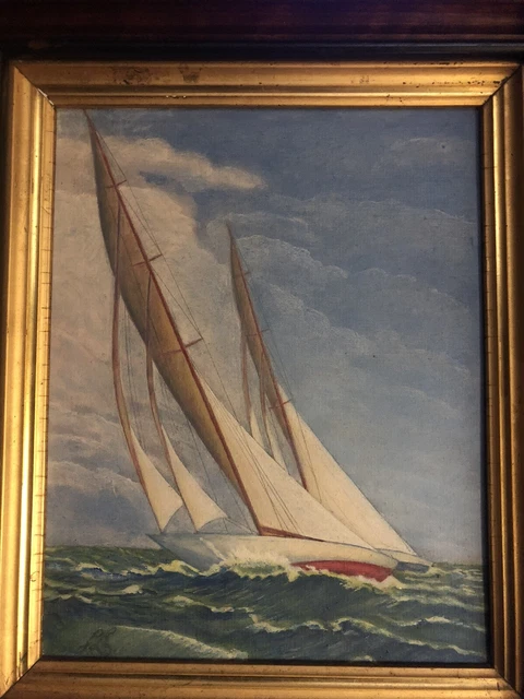 American oil on board painting of sailing sloop Sail boat Nautical Marine Old US