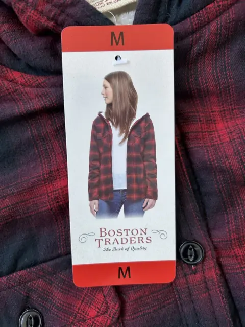 Boston Traders Women’s M Red & Bluish Black Flannel Sherpa Lined Hooded Shacket