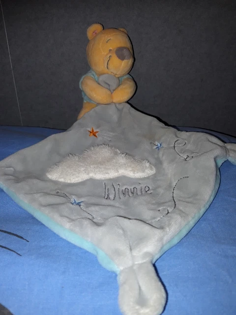 DOUDOU mouchoir PELUCHE WINNIE "DISNEY NICOTOY" GRIS - BRODE NUAGE BLANC tbe