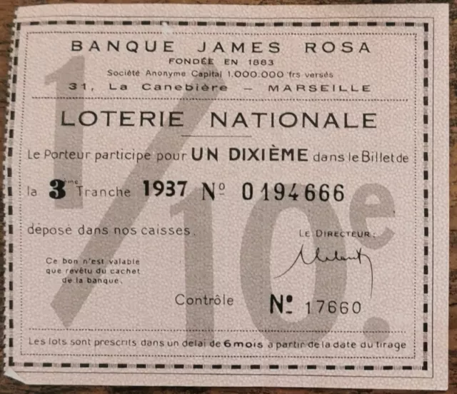 Billet de loterie nationale 1937 3e tranche - Banque James Rosa Marseille - 1/10