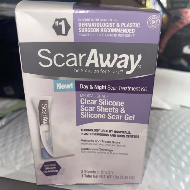 ScarAway Day & Night Scar Treatment Kit • 2 CLEAR SILICONE SHEETS & 1 TUBE GEL ScarAway Day & Night Scar Treatment Kit • 2 CLEAR SILICONE SHEETS & 1 TUBE GEL