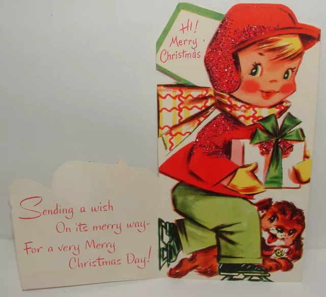 UNUSED -  Glitter - Boy on Ice Skates, Dog - 1950's Vintage Christmas Card