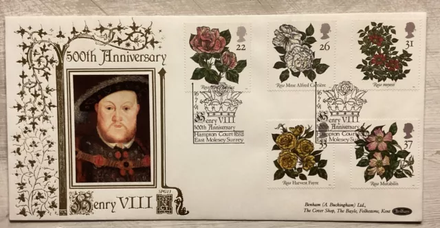 GB QEII 1991 Roses Henry VIII Benham FDC Henry VIII Hampton Court SHS Cat £15+