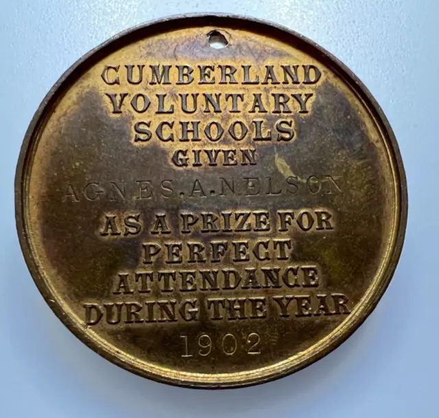 1902 Cumberland Voluntary School Bronze Attendance Medal Agnes A Nelson  45 mm