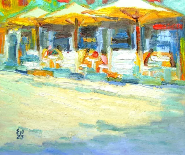 Summer cafe Landscape Original oil painting on Canvas board 10x12 inches