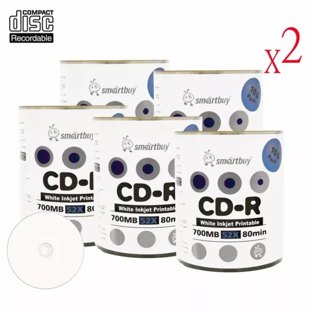 1000 Pcs Smartbuy Grade A+ CD-R 52X 700MB White Inkjet Hub Printable Record Disc